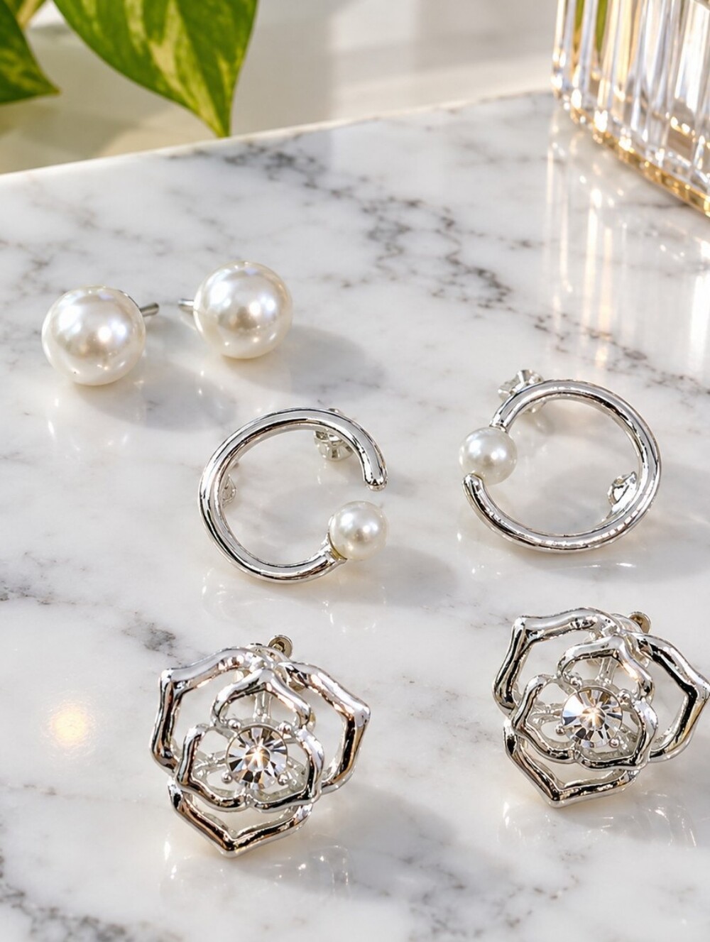 silver pearl flower stud earring set